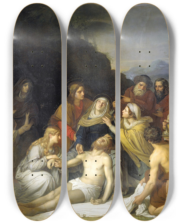 Triptych art skateboard deck of Cornelis Kruseman The Entombment by Cornelis Kruseman (1797-1857)