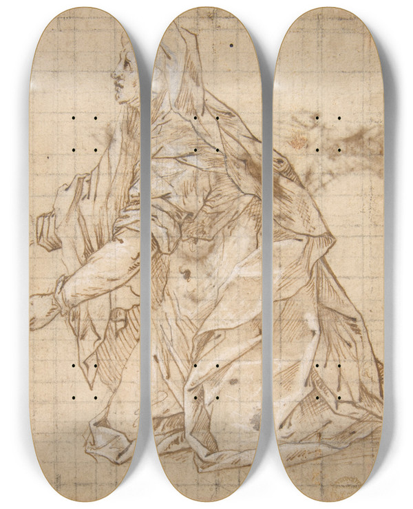 Triptych art skateboard deck of Giovanni Battista Trotti Woman Kneeling Facing Left by Giovanni Battista Trotti (1555-1612)