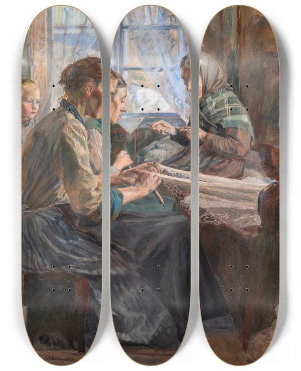Triptych art skateboard deck of Carl Wilhelmson Fisherwomen Making Nets Bohusln by Carl Wilhelmson (1866-1928)