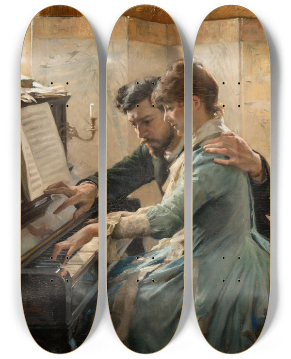 Triptych art skateboard deck of Albert Edelfelt At The Piano by Albert Edelfelt (1854-1905)