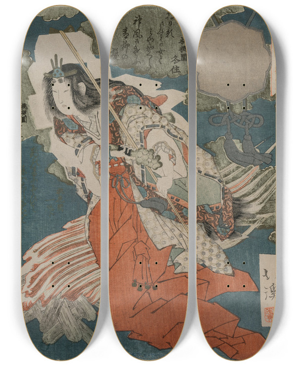 Triptych art skateboard deck of Totoya Hokkei Uzume No Mikoto Dancing Beside A Fire From The Series The Spring Cave by Totoya Hokkei (1780-1850)