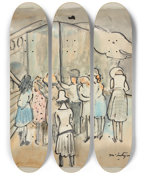 Triptych art skateboard deck of Raymond Mcintyre Tickets For The Elephant by Raymond Mcintyre (1879-1933)