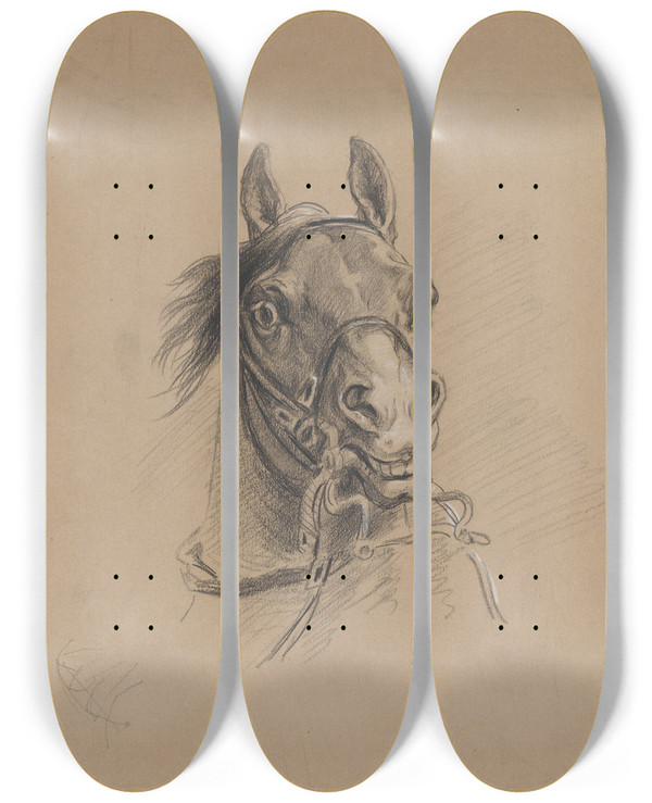 Triptych art skateboard deck of Adolph Tidemand Hest Med Oppspilte Nesebor by Adolph Tidemand (1814-1876)