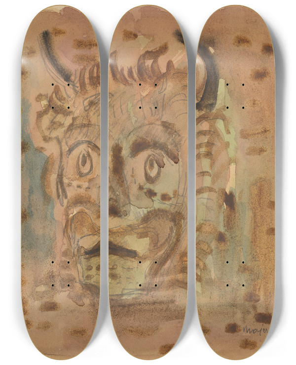 Triptych art skateboard deck of Cyprin Majernk Satyr by Cyprian Majernik (1909-1945)