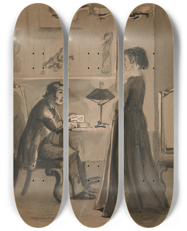 Triptych art skateboard deck of Edwin Austin Abbey Man And Woman In An Interior by Edwin Austin Abbey (1852-1911)