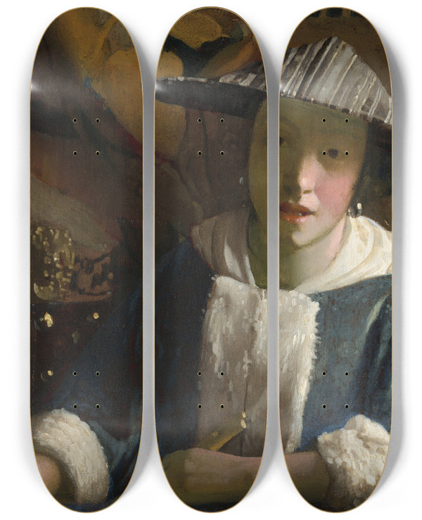 Triptych art skateboard deck of Johannes Vermeer Girl With A Flute by Johannes Vermeer (1632-1675)