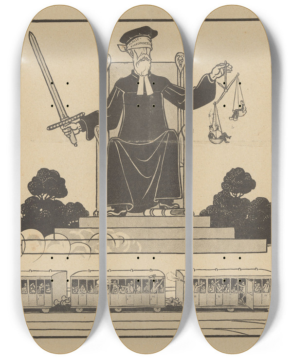 Triptych art skateboard deck of Albert Hahn De Notenkraker 7 December 1907 De Blinde Justitie by Albert Hahn (1877-1918)