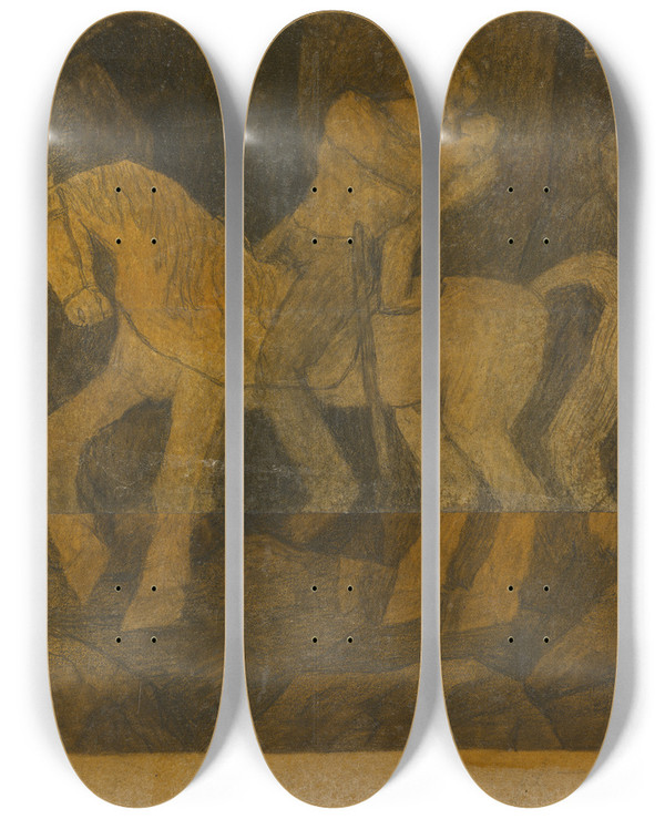 Triptych art skateboard deck of Kristjan Raud Kalevipoeg Prgu Vravas by Kristjan Raud (1865-1943)