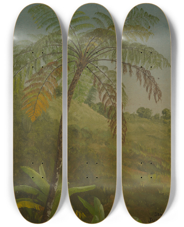Triptych art skateboard deck of Frederic Edwin Church Palm Tree Jamaica by Frederic Edwin Church (1826-1900)