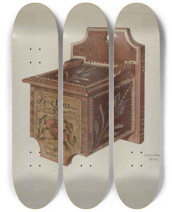 Triptych art skateboard deck of Betty Jean Davis Pennsylvania German Hanging Salt Box by Betty Jean Davis