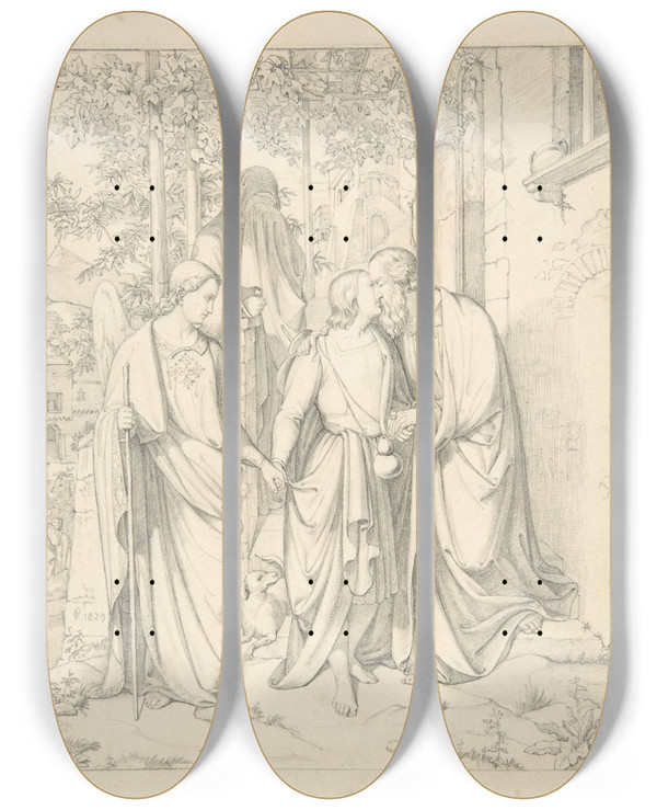 Triptych art skateboard deck of Carl Gottlieb Peschel Tobias Takes Leave Of His Father by Carl Gottlieb Peschel (1798-1879)