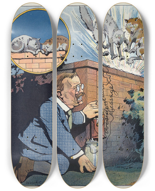 Triptych art skateboard deck of Frank Arthur Nankivell Rough On Cats by Frank Arthur Nankivell (1869-1959)
