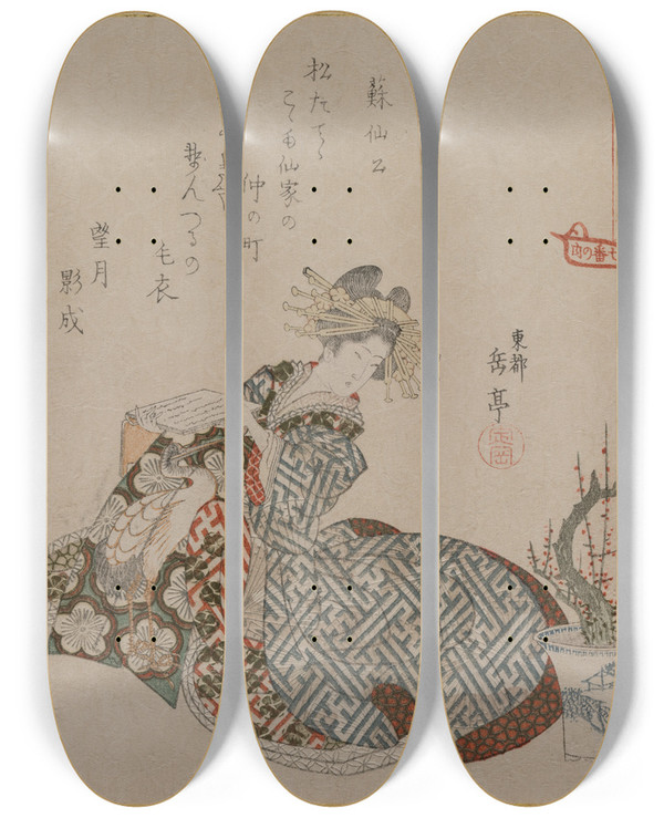 Triptych art skateboard deck of Gakutei Harunobu Courtesan Reading Beside A Potted Plum Tree From The Series Seven Courtesans Compared To Daoist Immortals by Gakutei Harunobu (1786-1868)