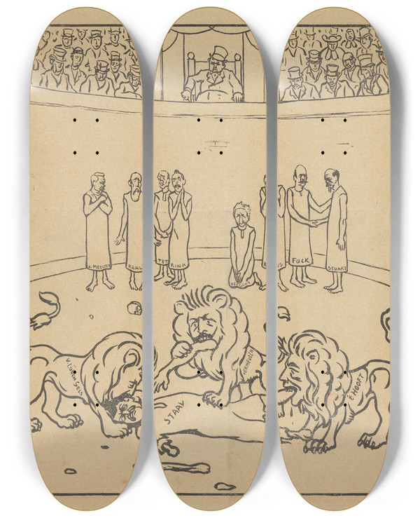 Triptych art skateboard deck of Albert Hahn De Notenkraker 16 Februari 1907 In De Politieke Arena by Albert Hahn (1877-1918)