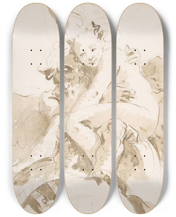 Triptych art skateboard deck of Giovanni Battista Tiepolo Time Holding A Nude Woman A Putto At Right by Giovanni Battista Tiepolo (1696-1770)