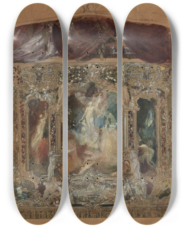 Triptych art skateboard deck of Gustav Klimt Entwurf Fr Den Theatervorhang In Reichenberg by Gustav Klimt (1862-1918)