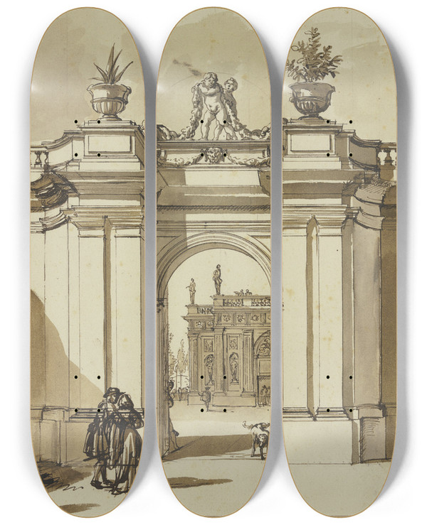 Triptych art skateboard deck of Jan De Bisschop Portal Eines Palastes Davor Zwei Figuren Und Ein Sitzender Hund by Jan de Bisschop (1628-1671)