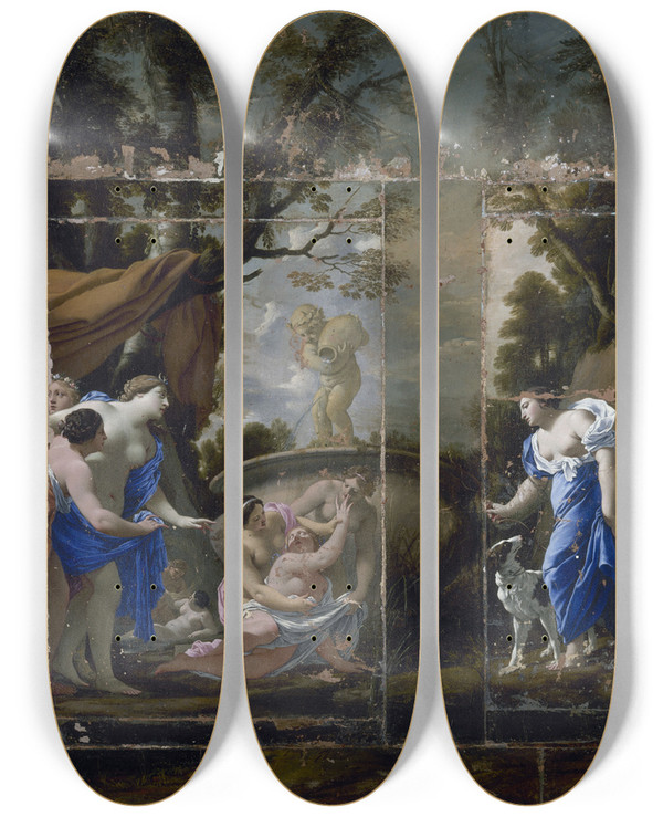 Triptych art skateboard deck of Michel Dorigny Diane Dcouvrant La Grossesse De Callisto by Michel Dorigny (1617-1665)