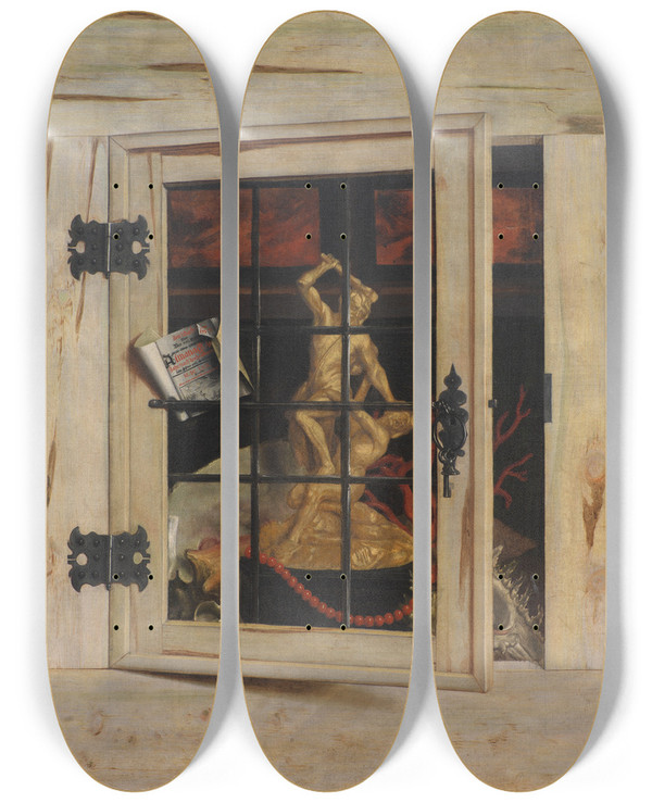 Triptych art skateboard deck of Cornelius Norbertus Gijsbrechts Trompe Loeil An Open Cabinet Of Curiosities With A Hercules Group by Cornelius Norbertus Gijsbrechts (1630-1675)
