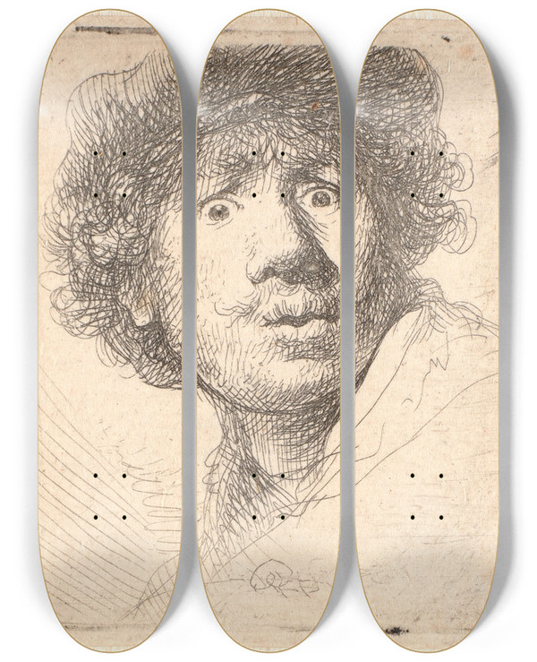 Triptych art skateboard deck of Rembrandt Van Rijn Rembrandt In A Cap Open Mouthed And Staring Bust In Outline by Rembrandt Van Rijn (1606-1669)