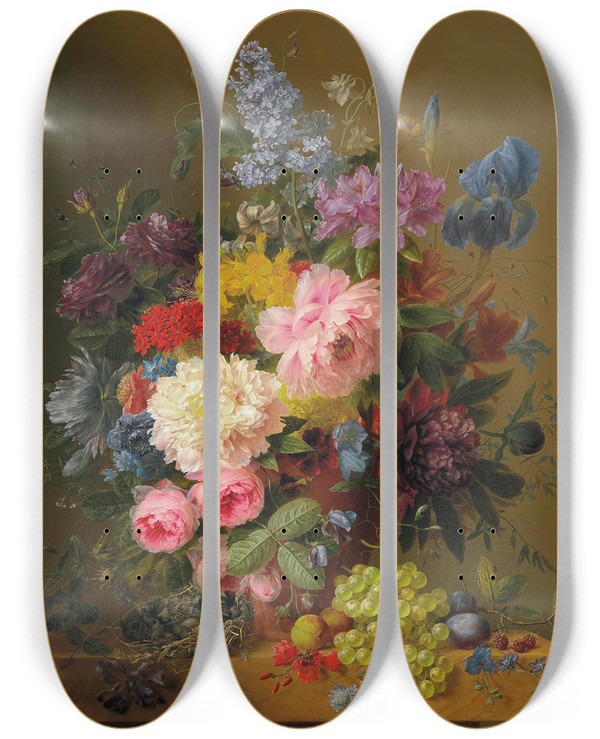Triptych art skateboard deck of Arnoldus Bloemers Peonies Tulips Roses Irises And Other Flowers With Fruit And A Birds Nest On A Marble Ledge by Arnoldus Bloemers (1792-1844)