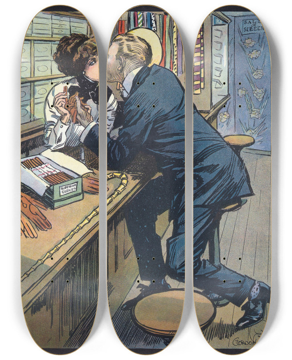 Triptych art skateboard deck of Gordon Grant Shoplifting by Gordon Grant (1875-1962)