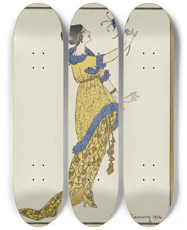 Triptych art skateboard deck of H Robert Dammy La Fleur Merveilleuse Robe Du Soir De Doucet by H Robert Dammy (1890)