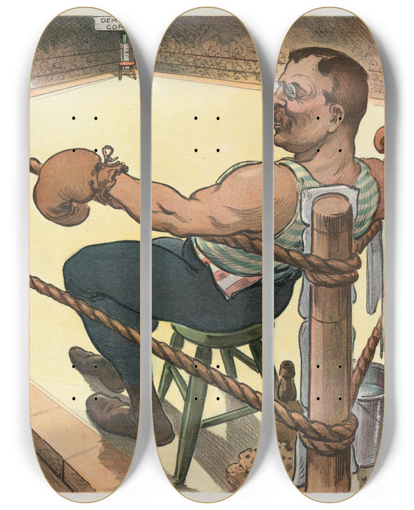 Triptych art skateboard deck of Udo Keppler Terrible Teddy Waits For The Unknown by Udo Keppler (1872-1956)