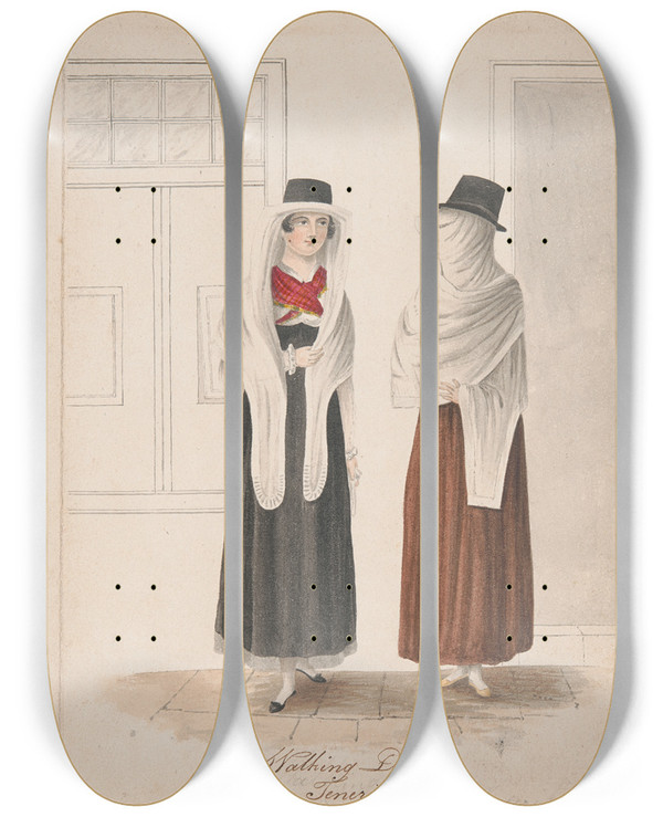 Triptych art skateboard deck of Alfred Diston Walking Dress Tenerife by Alfred Diston (1793-1861)
