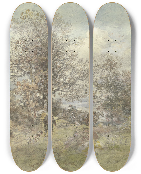Triptych art skateboard deck of Anton Burger Landschaft Mit Jger Und Holzaufladendem Bauer by Anton Burger (1824-1905)