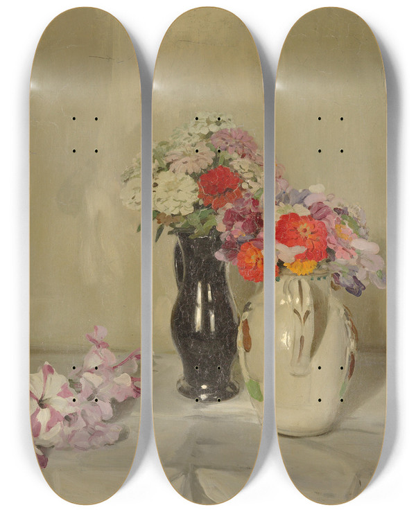 Triptych art skateboard deck of William Nicholson Zinnias by William Nicholson (1872-1949)