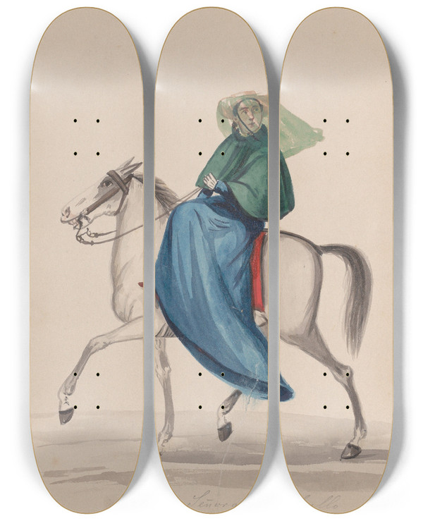 Triptych art skateboard deck of Francisco Fierro An Elegantly Dressed Woman On Horseback_1 by Francisco Fierro (1807-1879)