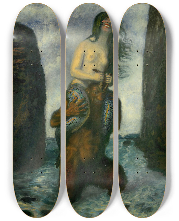 Triptych art skateboard deck of Franz Von Stuck Faun Und Nixe by Franz Von Stuck (1863-1928)