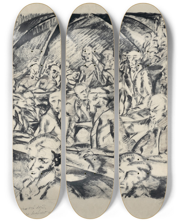 Triptych art skateboard deck of Kontantn Bauer Prejav Robespierra by Konstantin Bauer (1893-1928)