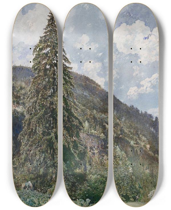Triptych art skateboard deck of Rudolf Von Alt The Old Spruce In Bad Gastein by Rudolf Von Alt (1812-1905)