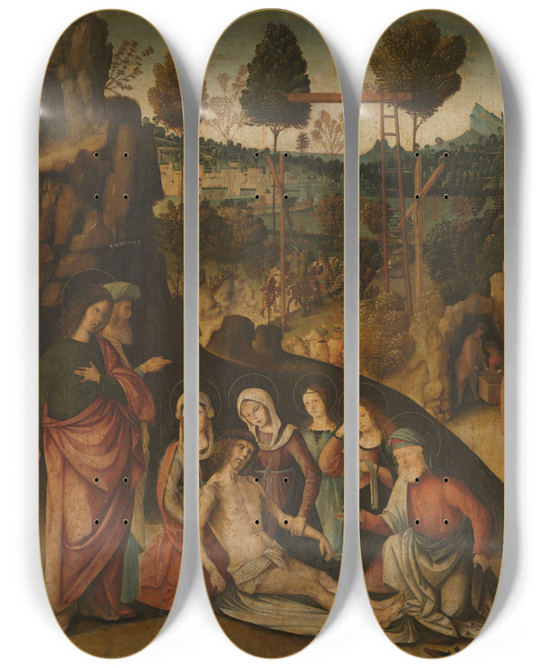 Triptych art skateboard deck of Bernardino Di Bosio Zaganelli Lamentation Of Christ by Bernardino Di Bosio Zaganelli (1470-1510)