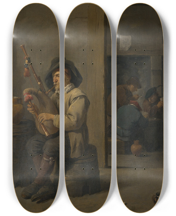 Triptych art skateboard deck of David Teniers The Younger Bagpiper In Aninn by David Teniers The Younger (1610-1690)
