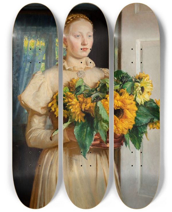 Triptych art skateboard deck of Michael Ancher Girl With Sunflowers 1893 by Michael Ancher (1849-1927)