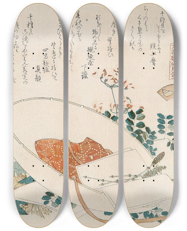 Triptych art skateboard deck of Katsushika Hokusai Myriad Grasses Shell Chigusagai by Katsushika Hokusai (1760-1849)