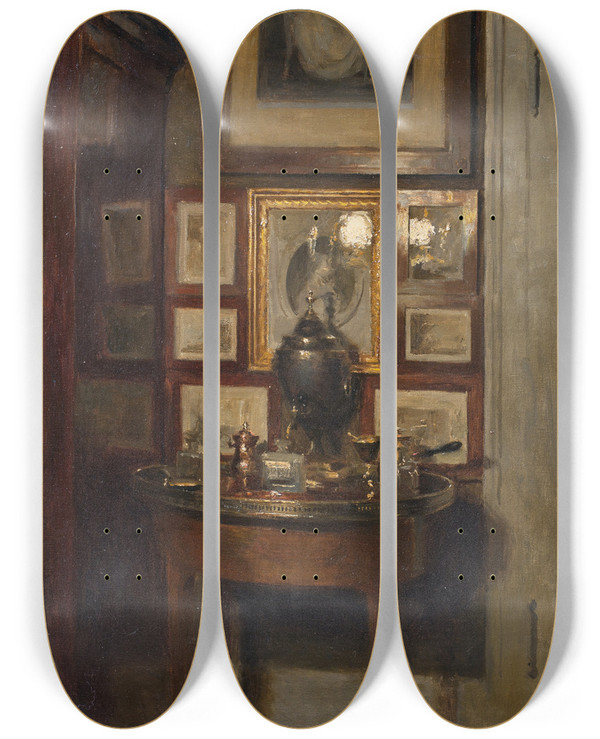 Triptych art skateboard deck of Peter Ilsted Interir Med En Samovar Aften by Peter Ilsted (1861-1933)