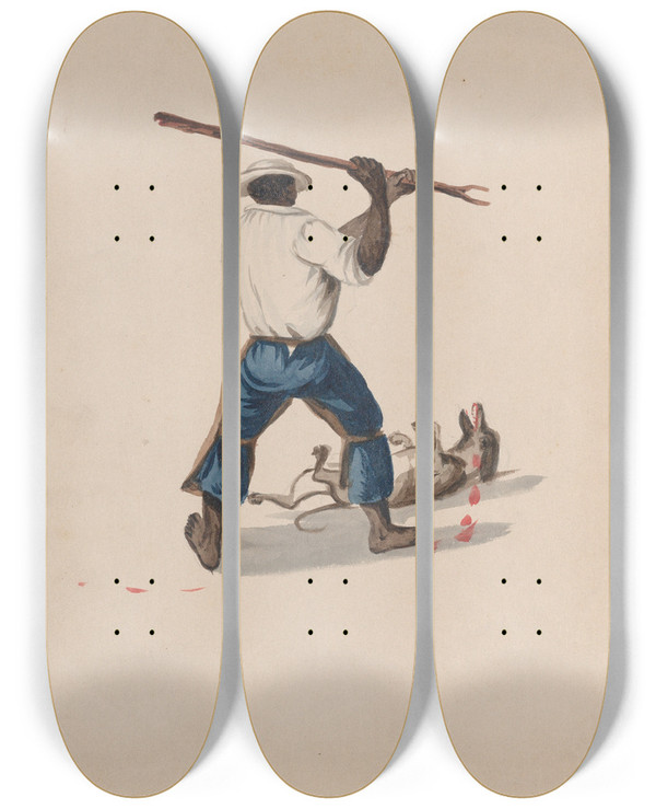 Triptych art skateboard deck of Francisco Fierro A Man Viewed From Behind Beating A Dog With A Stick by Francisco Fierro (1807-1879)