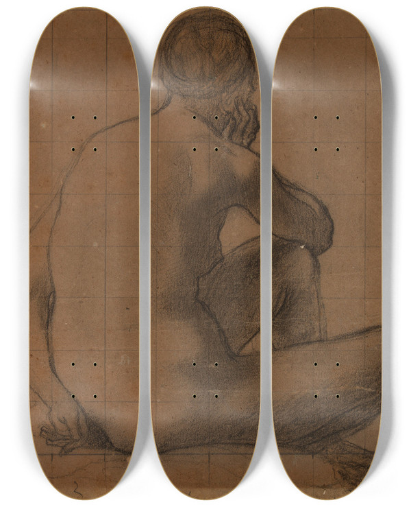 Triptych art skateboard deck of Pierre Puvis De Chavannes Femme Assise Nue De Dos by Pierre Puvis De Chavannes (1824-1898)
