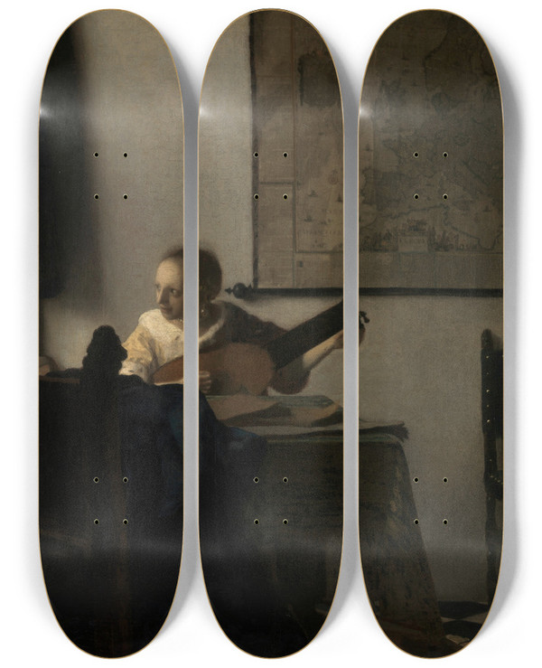Triptych art skateboard deck of Johannes Vermeer Young Woman With A Lute by Johannes Vermeer (1632-1675)