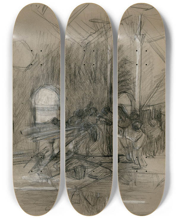 Triptych art skateboard deck of Isaac Israls Interieur Van Een Glasblazerij by Isaac Israels (1865-1934)