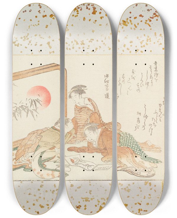 Triptych art skateboard deck of Shunman Kubo Women Enjoying A New Year Surimono by Kubo Shunman