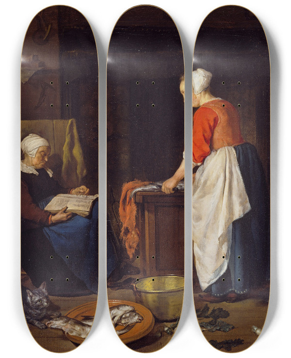 Triptych art skateboard deck of Gabriel Metsu An Old Woman Asleep by Gabriel Metsu (1629-1667)