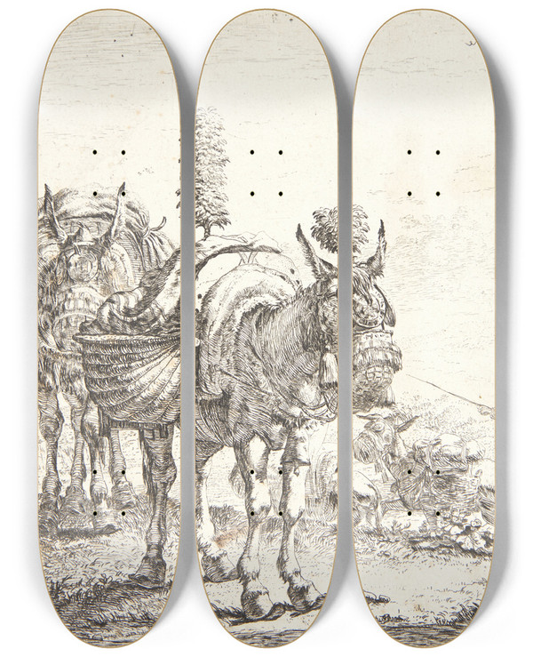 Triptych art skateboard deck of Karel Dujardin To Sler_1 by Karel Dujardin (1622-1678)
