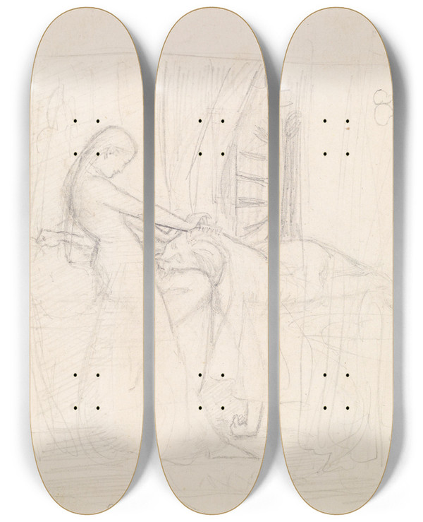 Triptych art skateboard deck of Sir John Everett Millais Tennysons The Sisters Figure Sketch_1 by Sir John Everett Millais (1829-1896)