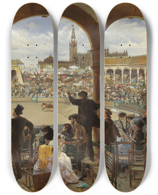 Triptych art skateboard deck of Jos Jimnez Y Aranda A Pass In The Bullring by Jose Jimenez Y Aranda (1837-1903)