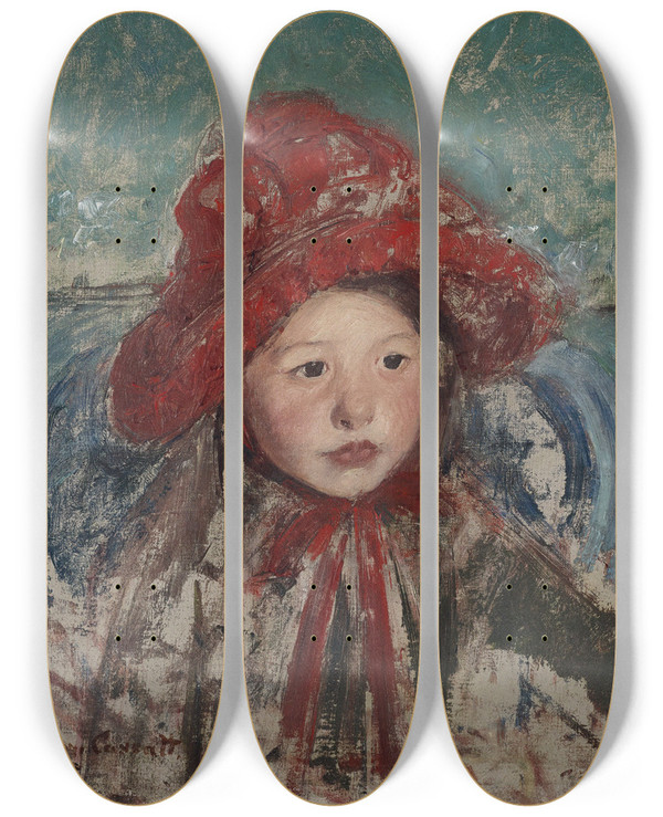 Triptych art skateboard deck of Mary Cassatt Little Girl In A Large Red Hat by Mary Cassatt (1844-1926)